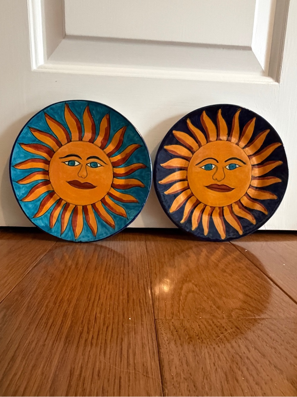 Hand-Painted Sun Face Ceramic Wall Plates - Set of 2
